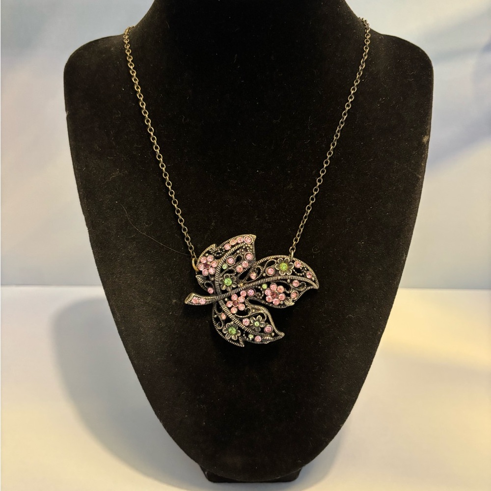 Rose Benedetti Bronze Tone Crystal Leaf Necklace 17”